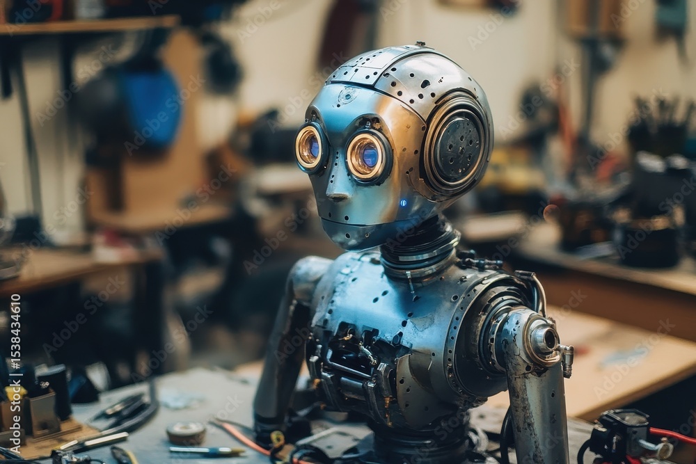 Poster training a robot in a workshop setting with various tools and equipment present, focusing on its dev