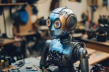 Training a robot in a workshop setting with various tools and equipment present, focusing on its development and functionality in a hands-on environment