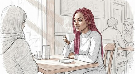 Artistic Pencil Sketch of Cafe Scene with Steaming Mugs