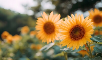 Obraz premium blooming sunflowers lowering their heads, facing the ground, vibrant golden petals, Generative AI
