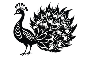 Stylized peacock illustration showcases a dramatic tail design in a bold black silhouette