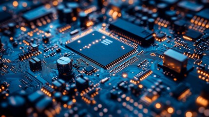 Fototapeta premium Close-up of a blue laptop motherboard with electronic circuits, chips, and connectors representing modern computer hardware and high-tech innovation