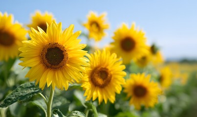  blooming sunflowers lowering their heads, facing the ground, vibrant golden petals, Generative AI