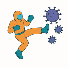 vektor ilustrasi. someone is kicking viruses and bacteria