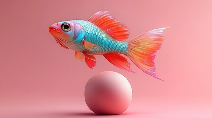 A vibrantly colored fish hovers over a pale pink sphere against a pastel pink background