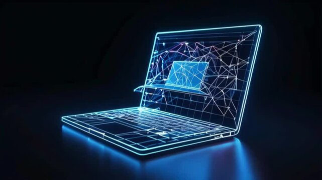 Polygonal wireframe mesh futuristic with laptop concept sign on dark background.