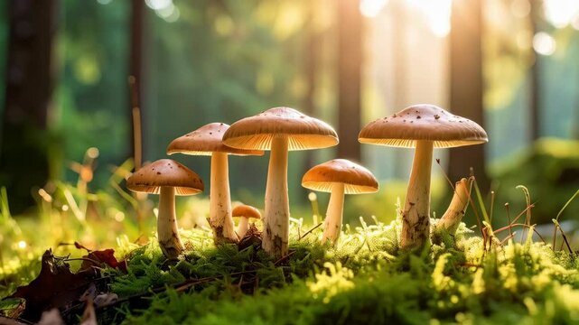 Amanita mushrooms growing on lush green moss in a sunlit forest, with morning light beaming through trees.