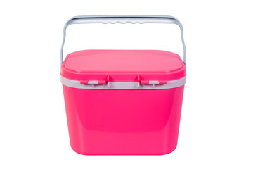 Pink plastic cooler isolated on white background.