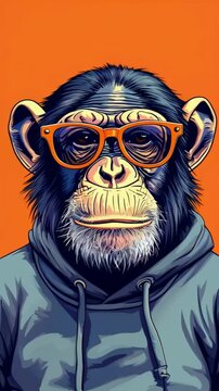 portrait of a chimp , chimpanzee in sunglasses, funny monkey with glasses, monkey wearing a sweatshirt 