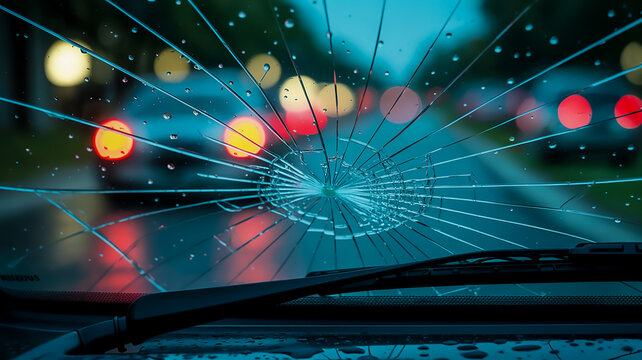 A close-up photograph of a cracked windshield at night