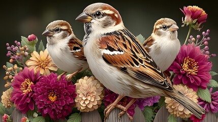 Three birds perched on flower fence high resolution image
