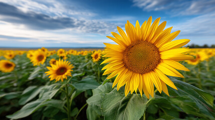 Sunflower stands out prominently among field of sunflowers, vibrant yellow petals contrasting against green foliage. Open sky with dynamic cloud formations enhances tranquil rural setting