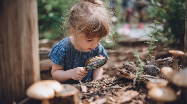Crafting a Backyard Scavenger Hunt. Young girl closely examining the forest floor with a magnifying glass, outdoor woodland background, concept of curiosity.