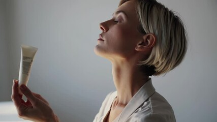 Woman analyzing cream ingredients in bright interior setting