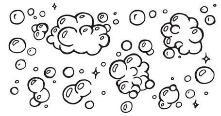 set of cute doodle illustrations of foam, soap bubbles.