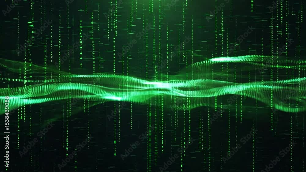 Poster abstract green digital waves with matrix-like data streams in a futuristic virtual environment for t