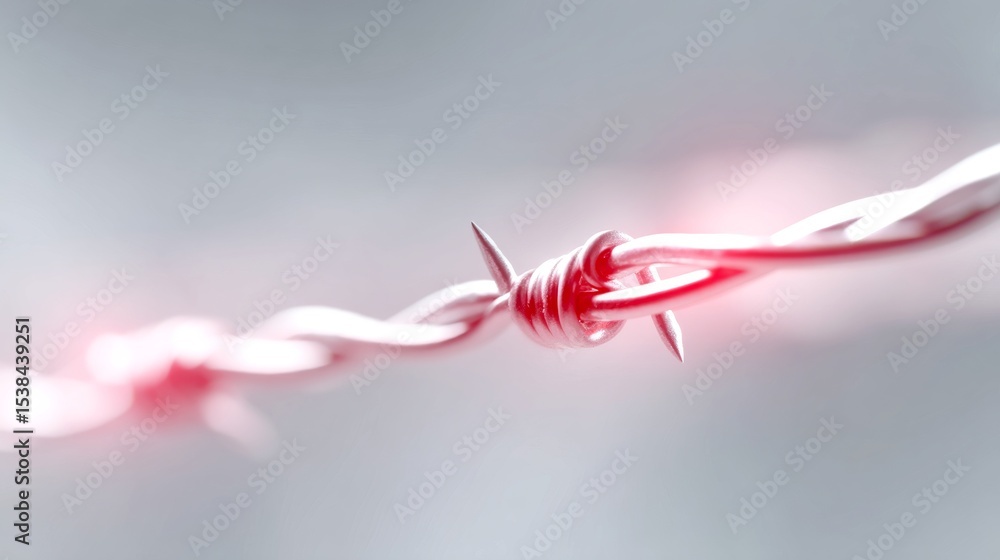 Poster close-up of red-tinted barbed wire. this image captures the intricate details of the sharp barbs and