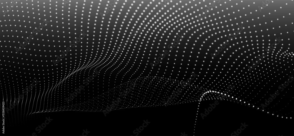 Poster abstract background with dynamic black and white wave. futuristic dotted wave of bright particles on