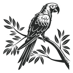Monochromatic parrot settles onto a branch amidst stylized foliage in a simple design