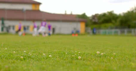 A lively youth soccer practice is happening on a green field, with players in purple jerseys participating in fun training that emphasizes teamwork and skills development - Powered by Adobe