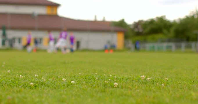 A lively youth soccer practice is happening on a green field, with players in purple jerseys participating in fun training that emphasizes teamwork and skills development