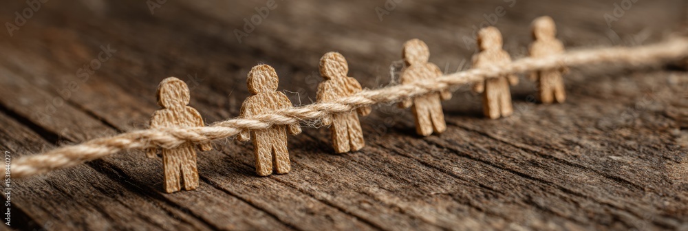 Poster Visual Lifeline Connects Diverse People Icons Through String on Rustic Wooden Surface Fostering Unity and Collaboration
