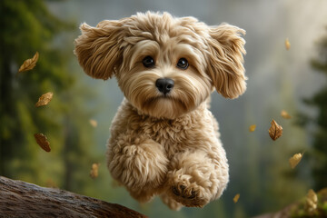 Fluffy dog jumps with excitement among falling leaves in vibrant forest. Warm light filters through trees, creating a lively outdoor atmosphere
