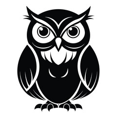 Elegant black owl stands, showing sharp features and striking eyes on a white background