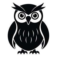 Black silhouette of an owl with rounded eyes standing firmly against a white background