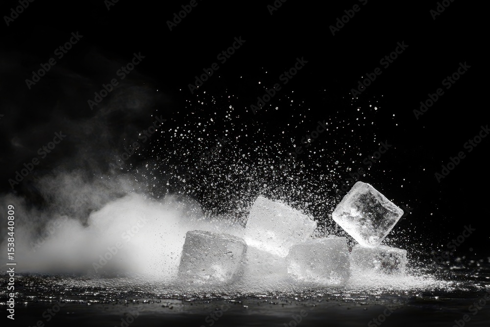 Poster ice cubes splash with water droplets in dynamic motion against a dark background capturing the essen