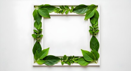 Flat lay of a creative layout featuring green leaves with a white square frame, designed as a template for an advertising card or invitation