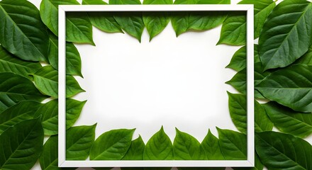 A minimalist flat lay of a clean white frame on vibrant green leaves, creating a fresh, natural border with central copy space for eco-friendly concepts.