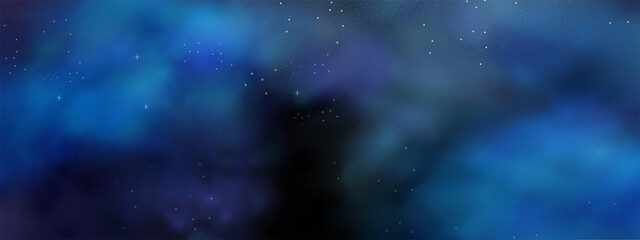 Fototapeta premium Luxury navy blue night sky background with golden stars, magical glitter, and bokeh sparkle. 