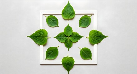Summer-inspired botanical flat lay with a white picture frame border and lush green leaves creating a clean, nature-themed template on a white background.