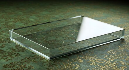 Minimalist image of a transparent glass block on a clean surface, showcasing modern geometric aesthetics with subtle light play