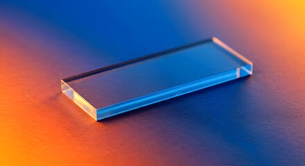 Abstract glass prism reflecting blue and orange hues on a clean gradient background, emphasizing modern minimalism