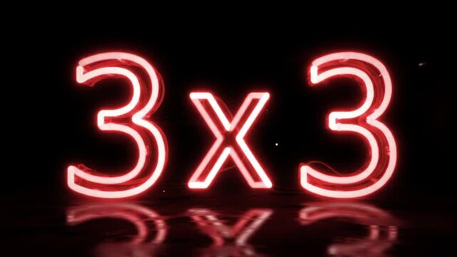 Vibrant red neon sign displaying 3x3 multiplication suitable for math concepts, education materials, signage designs, and digital backgrounds.