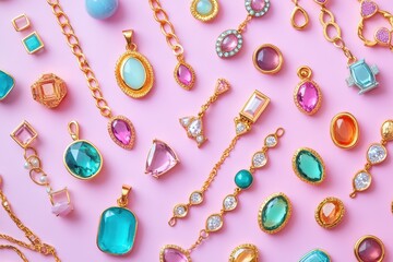 Jewelry minimal flat lay top view showcasing colorful gemstones and gold accents on a pastel pink background