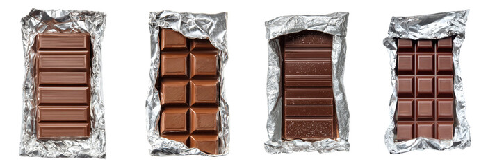 Chocolate Bar PNG set with transparent background in silver foil wrapping, showcasing a delicious sweet food treat, perfect for confectionery designs