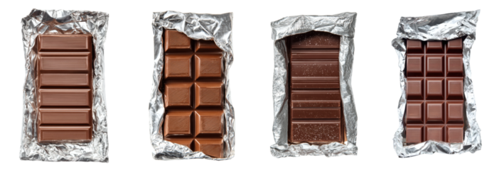 Chocolate Bar PNG set with transparent background in silver foil wrapping, showcasing a delicious sweet food treat, perfect for confectionery designs