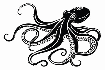 Black octopus displays its tentacles with prominent suckers in a striking design