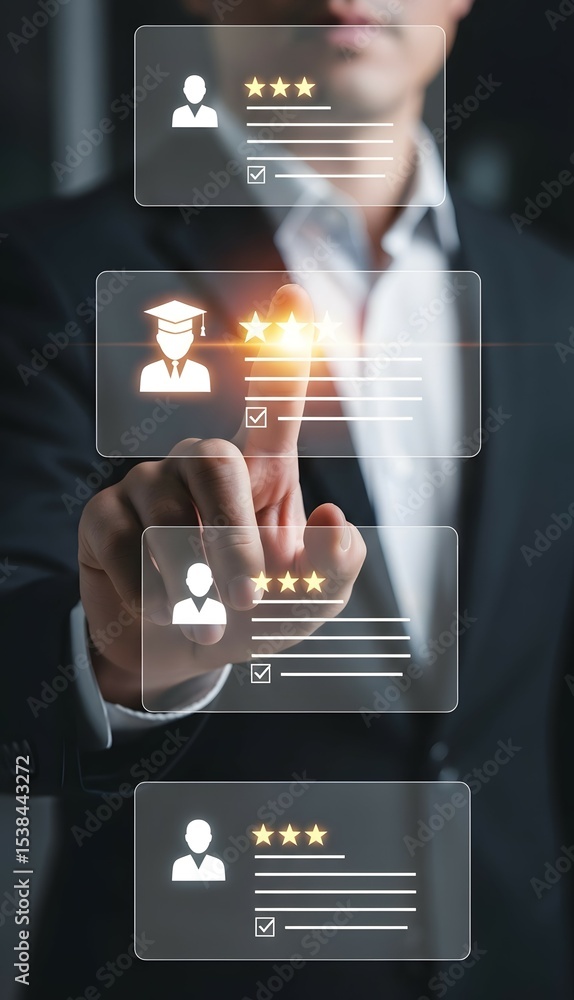 Poster a businessman interacts with a digital interface displaying glowing ratings and feedback reviews for