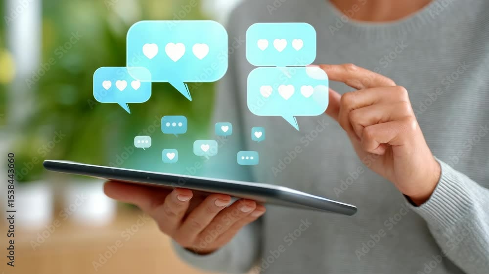 Poster close-up of a person engaging in virtual communication using a tablet with holographic speech bubble