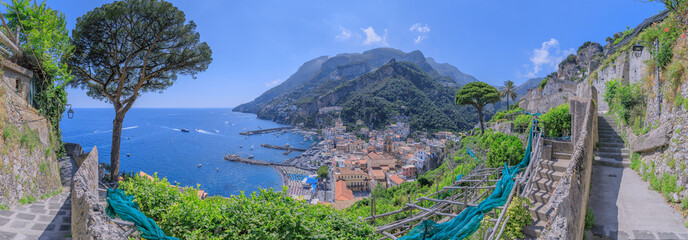 Amalfi Coast panoramic view: Amalfi townscape from scenic stairway in Campania, Italy.