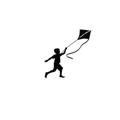 boy playing with kite reel silhouette on white background