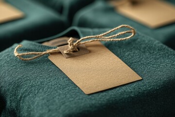 Blank Kraft Tag Tied on Teal Knit Sweater Eco Friendly Clothing Label Mockup