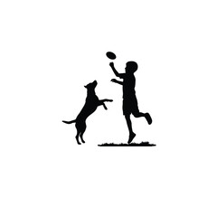 boy playing with dog silhouette black on white background