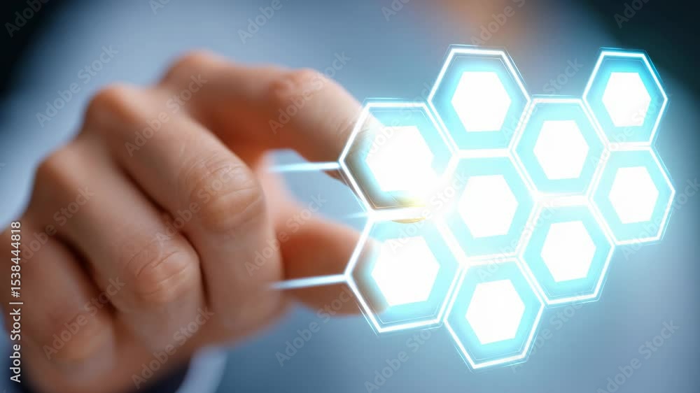 Aufkleber close up of hand interacting with glowing hexagonal shapes in digital technology