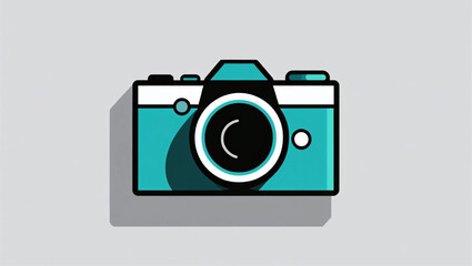 This digital vector icon depicts a camera with a lens, symbolizing photography and photographic equipment