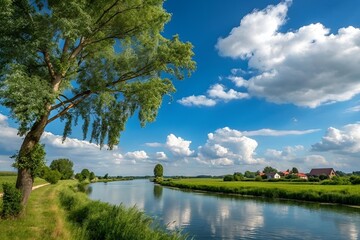 Obraz premium Serene summer landscape with river canal and lush green fields under a blue sky